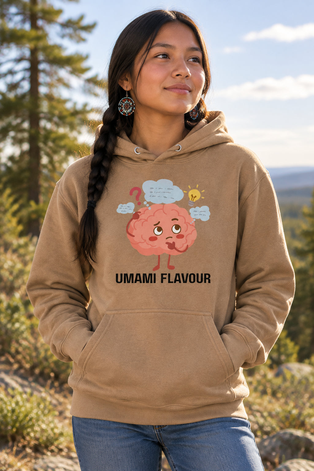 Brown hoodie with a cartoon brain graphic and 'UMAMI FLAVOUR' text on a white background