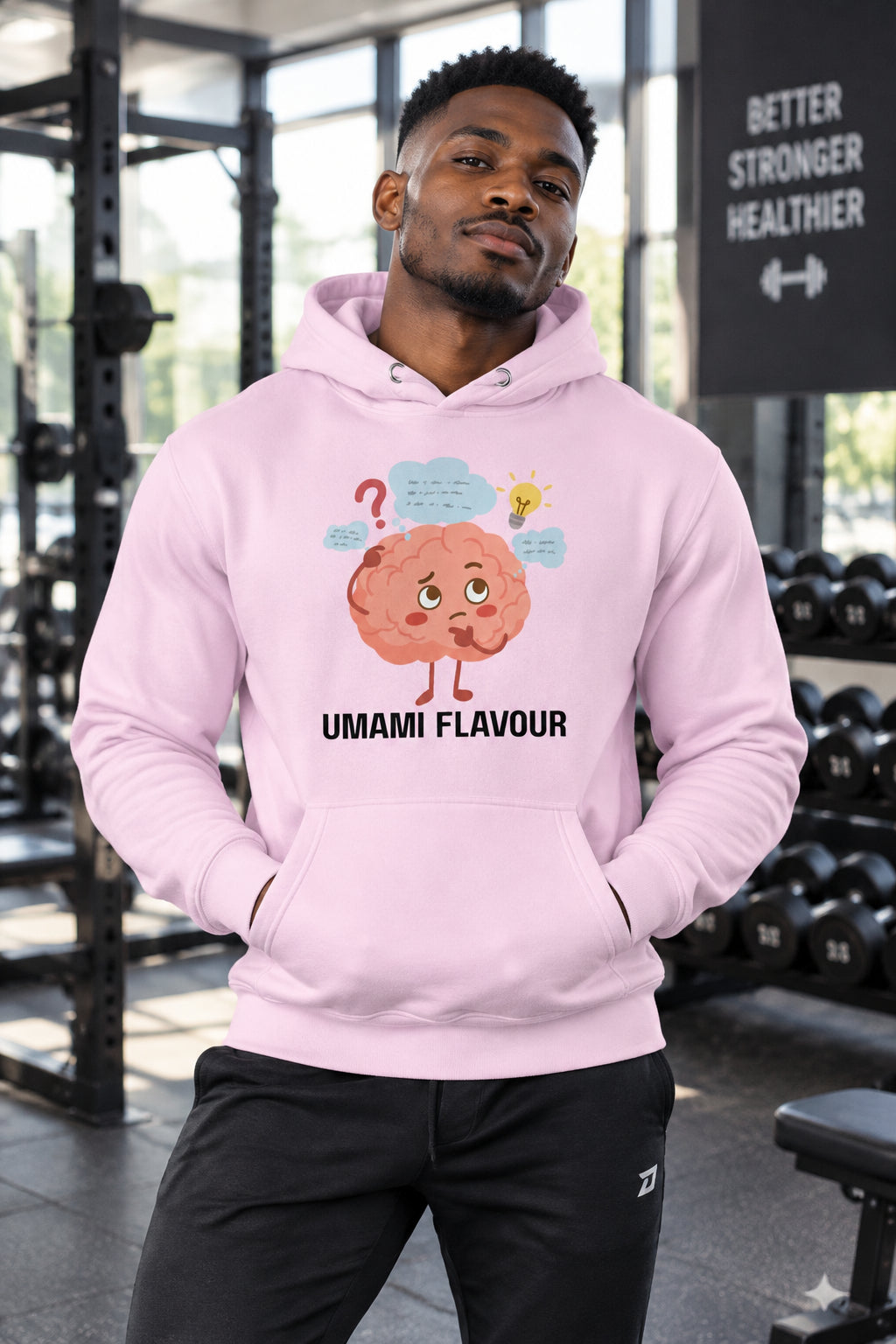 Pink hoodie with a cartoon brain graphic and 'Umami Flavour' text on a white background