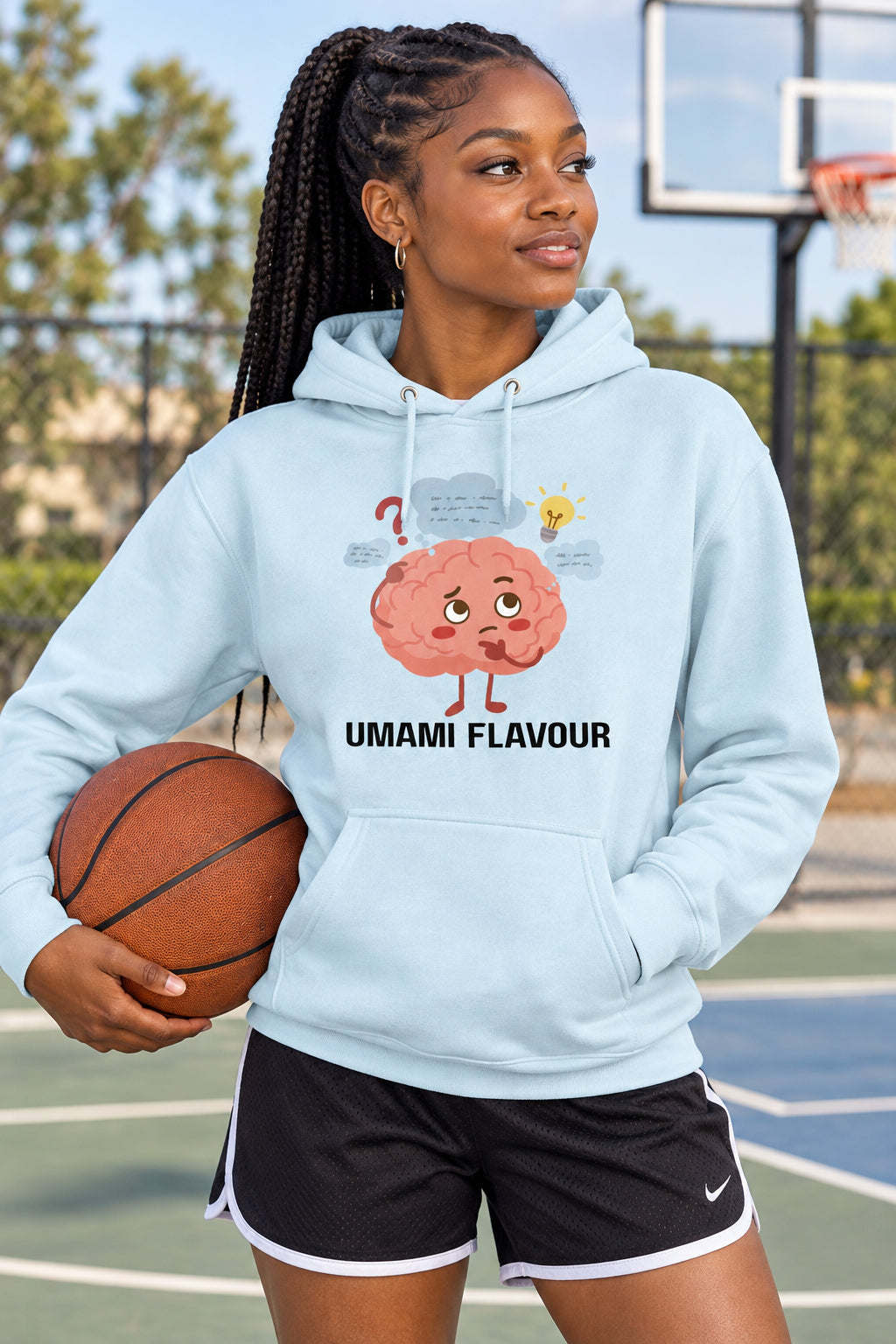 Light blue hoodie with a cartoon brain graphic and 'Umami Flavour' text on a white background