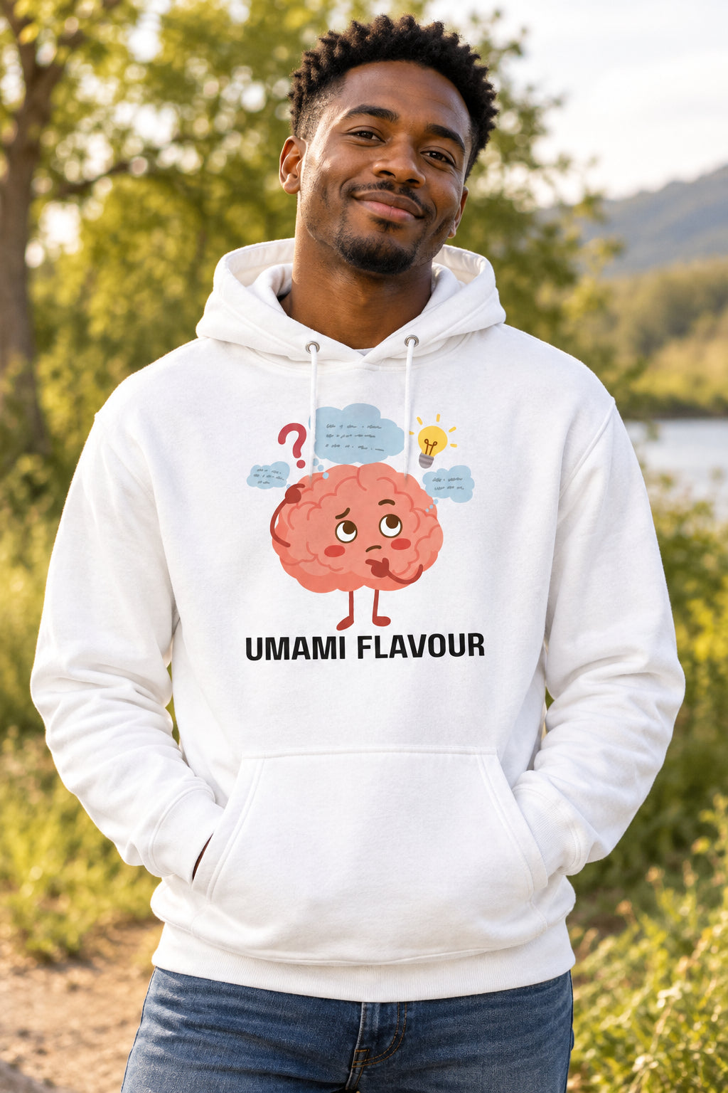 White hoodie with a cartoon brain graphic and 'UMAMI FLAVOUR' text on a white background