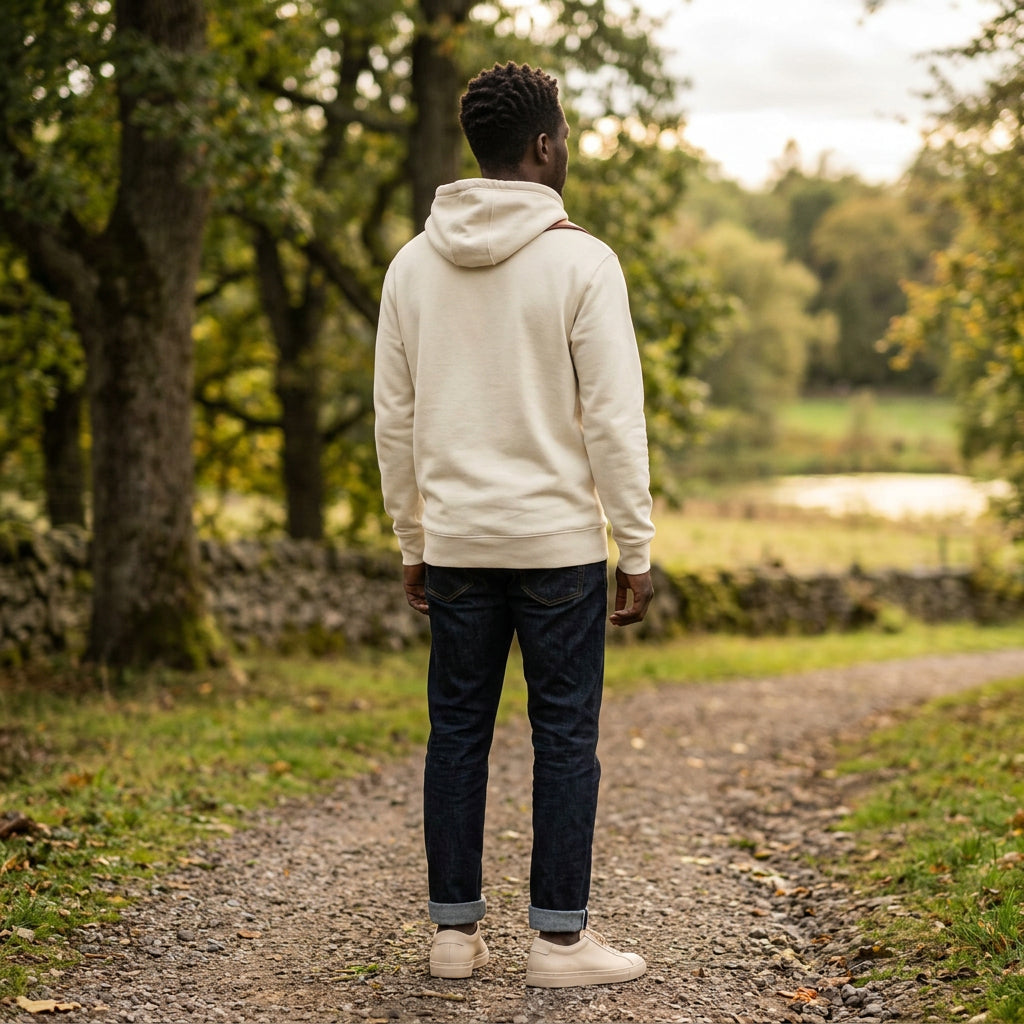 Beige hoodie shown from the back on a white background