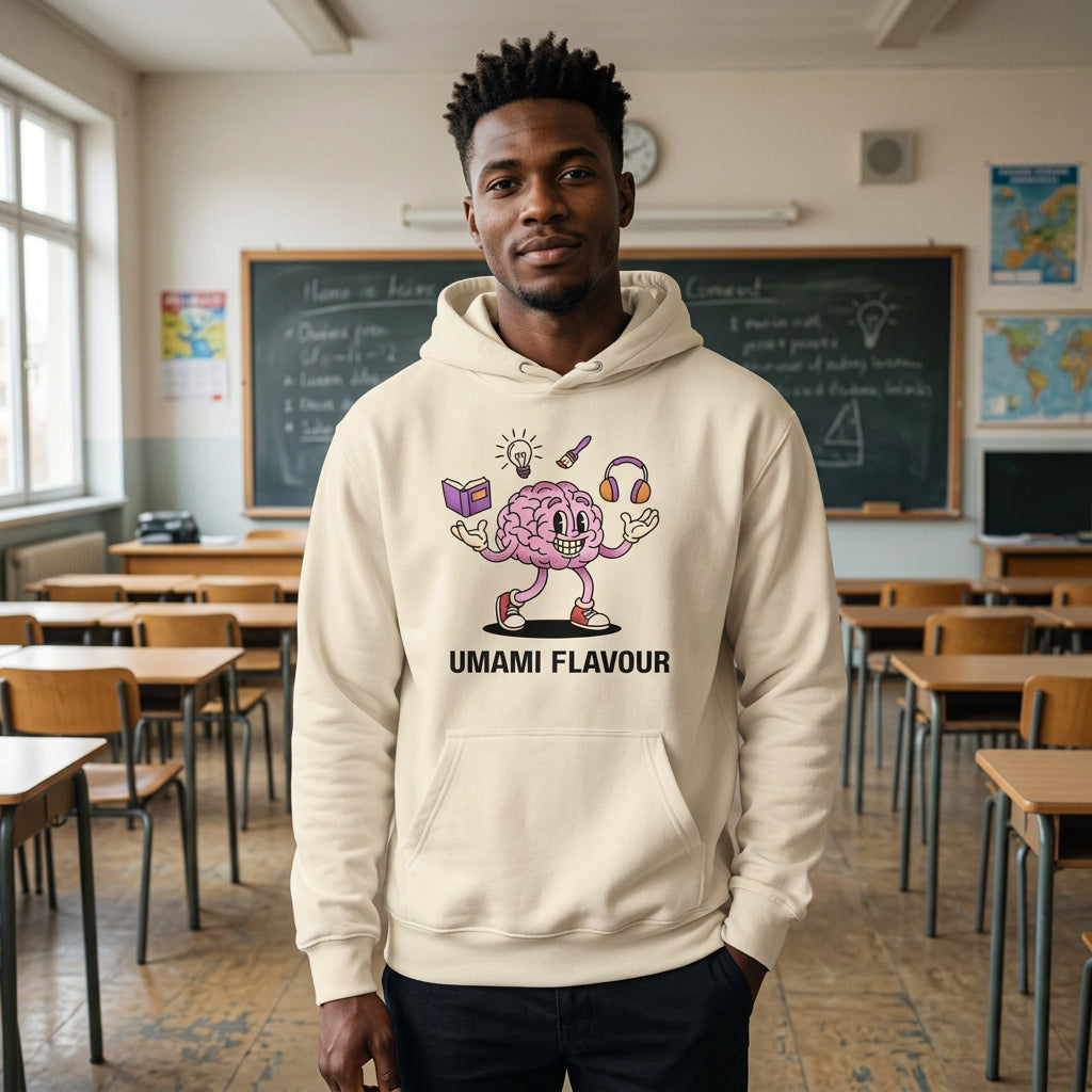 Beige hoodie with a cartoon brain design and 'Umami Flavour' text on a white background