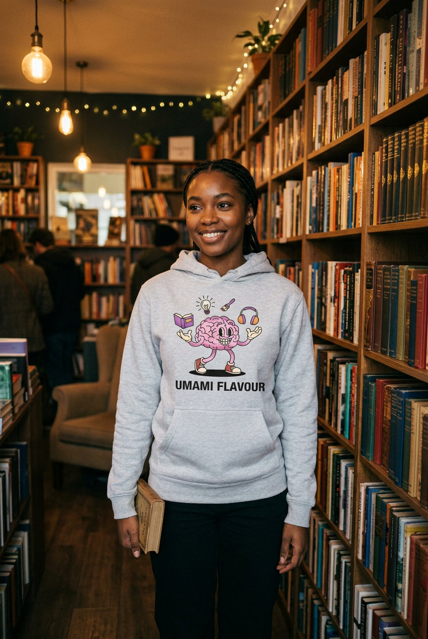 Gray hoodie with a cartoon brain design and 'Umami Flavour' text on a white background