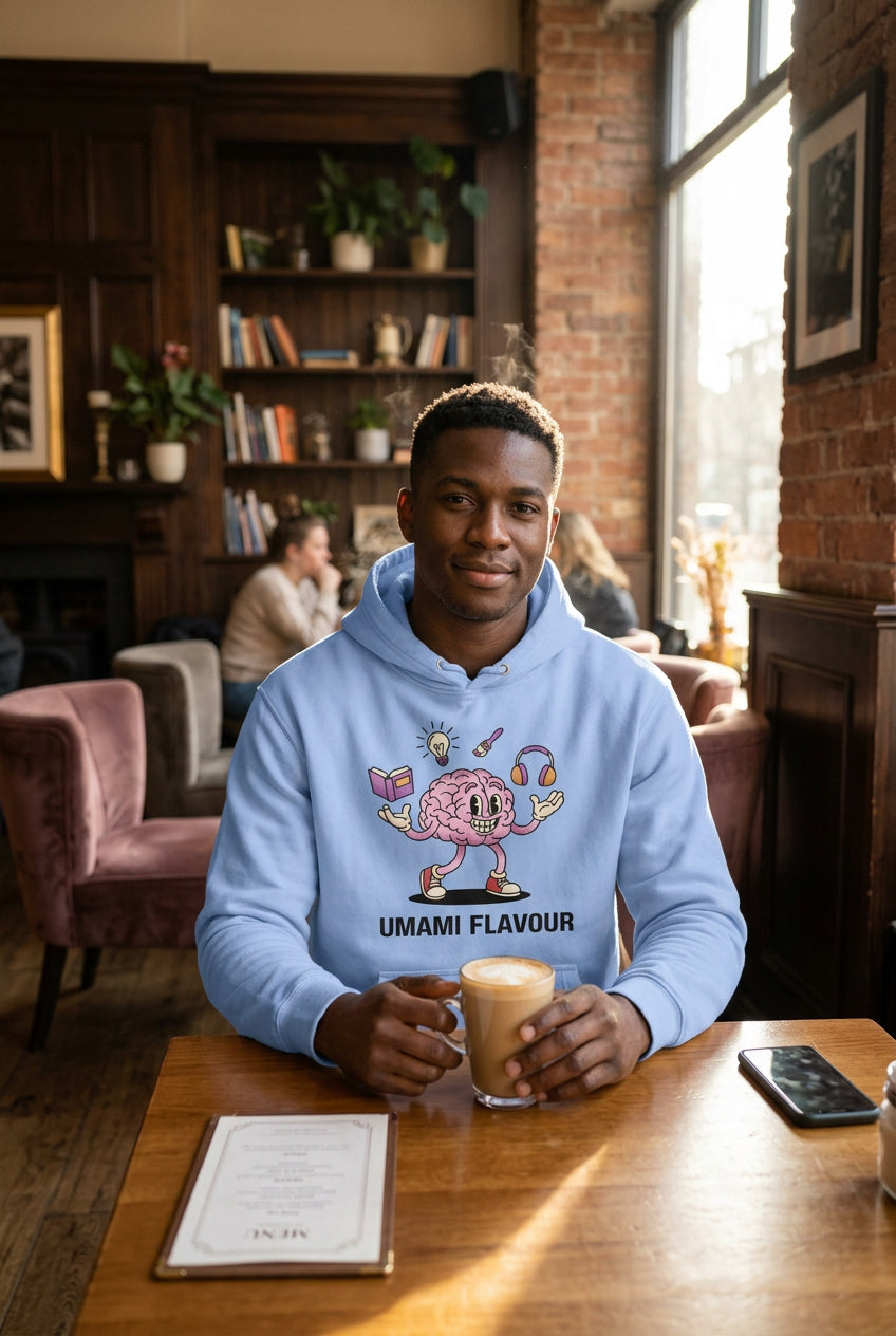 Light blue hoodie with a cartoon brain design and 'Umami Flavour' text on a white background