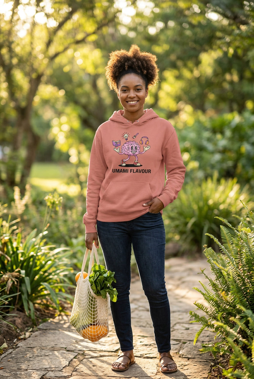 Coral hoodie with a cartoon brain design and 'Umami Flavour' text on a white background