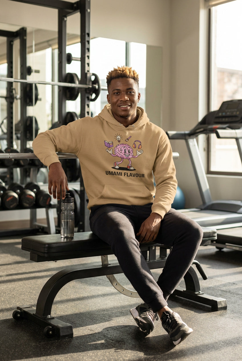 Brown hoodie with a cartoon brain design and 'Umami Flavour' text on a white background