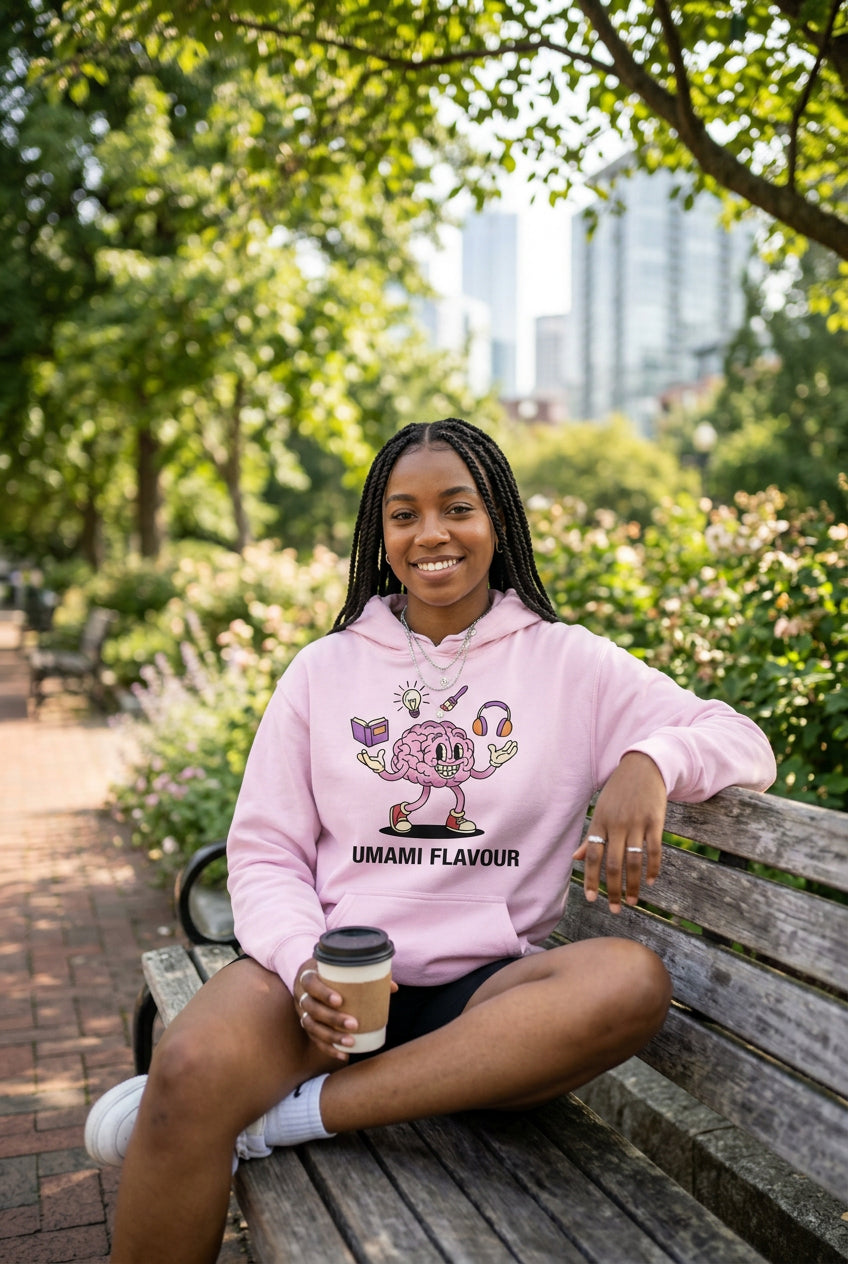 Pink hoodie with a cartoon brain design and 'Umami Flavour' text on a white background