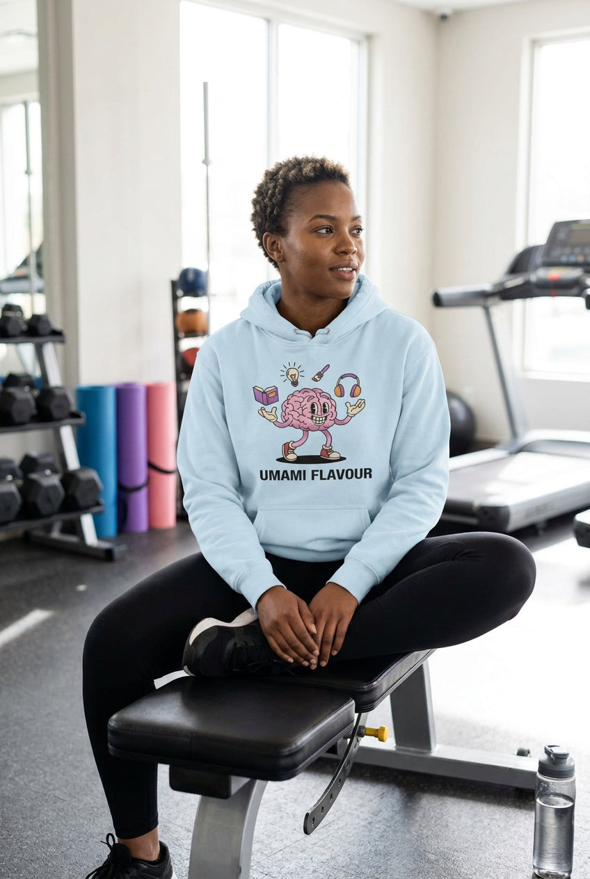 Light blue hoodie with a cartoon brain character and 'Umami Flavour' text on a white background