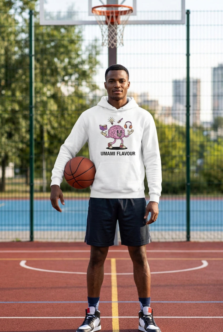 White hoodie with a cartoon brain design and 'UMAMI FLAVOUR' text on a white background