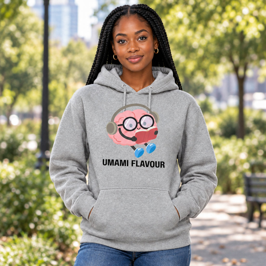 Gray hoodie with a cartoon character and 'Umami Flavour' text on a white background