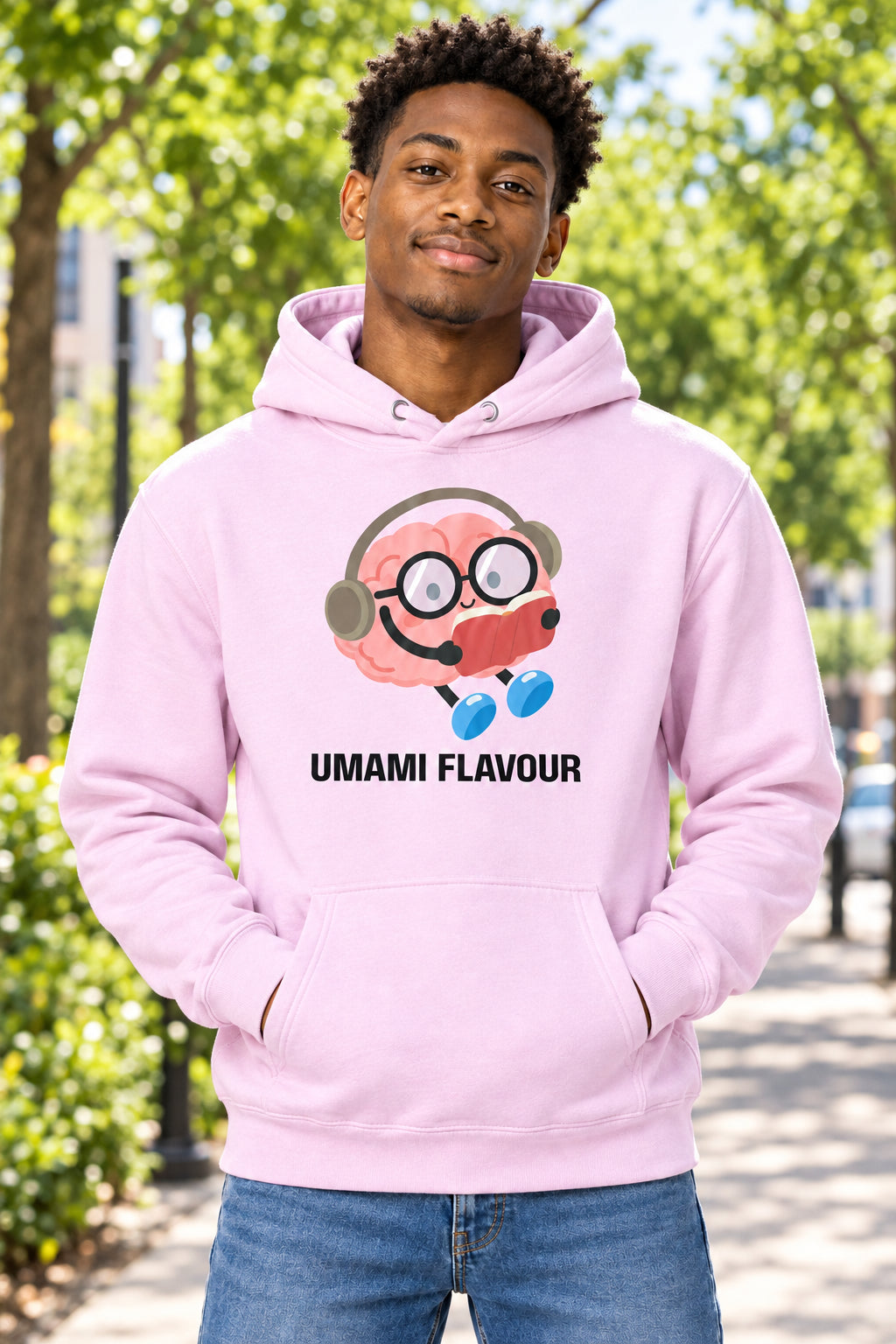 Pink hoodie with a cartoon character and 'Umami Flavour' text on a white background