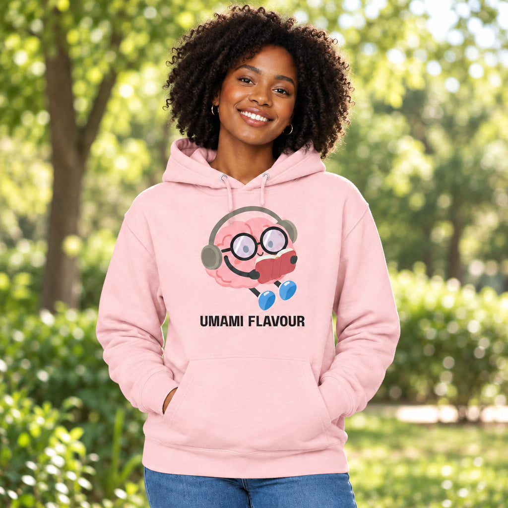Pink hoodie with a cartoon character and 'Umami Flavour' text on a white background