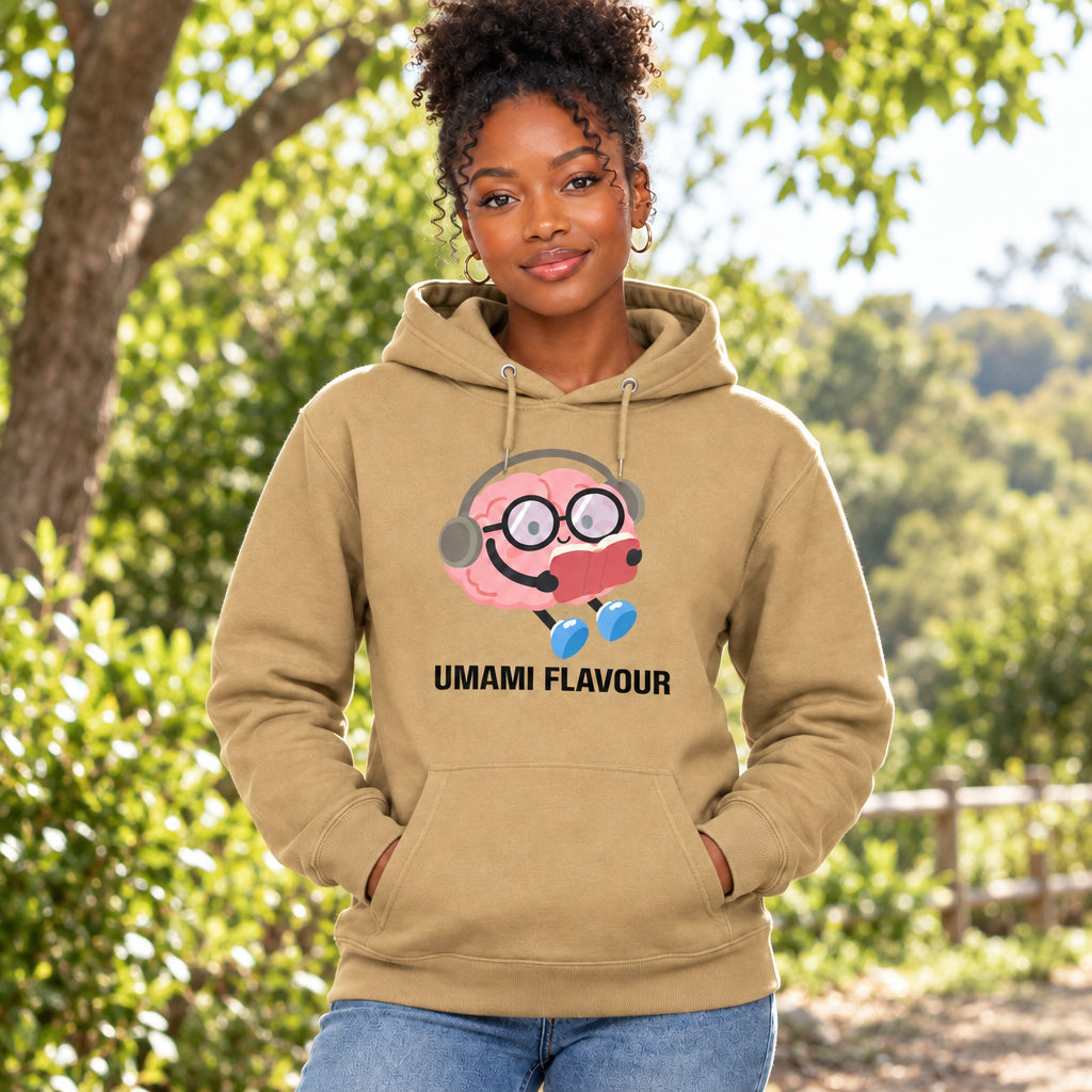 Brown hoodie with a cartoon character and 'Umami Flavour' text on a white background