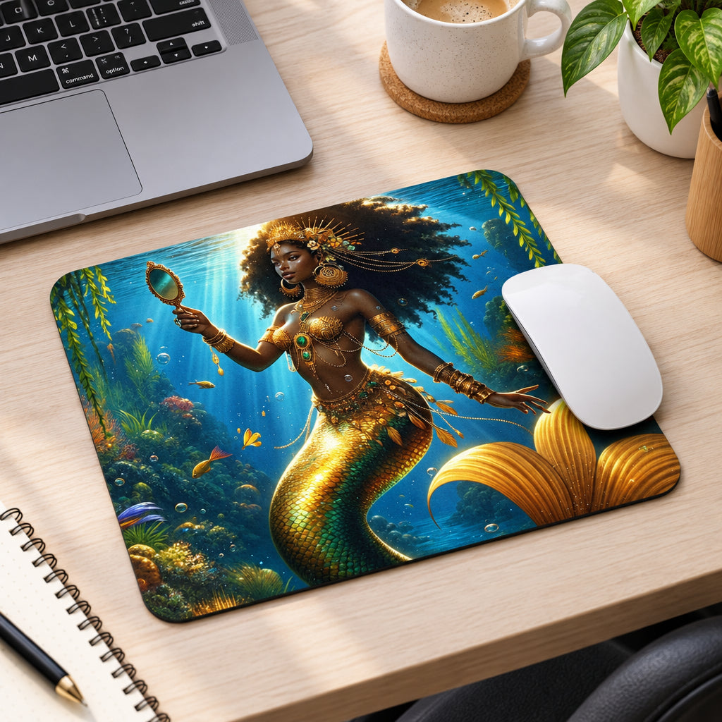 Mouse pad with mermaid design and a mouse on a white background