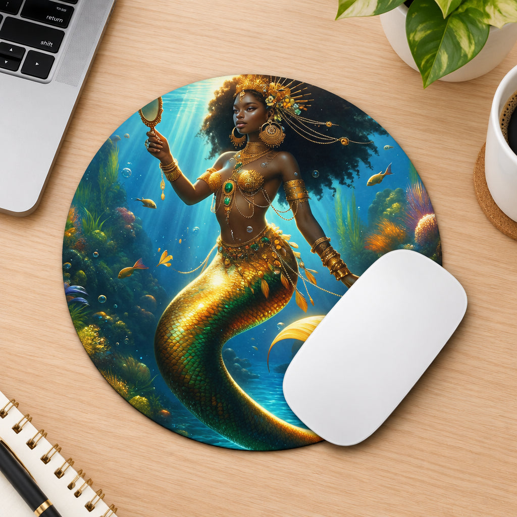 Mouse pad with a mermaid design on a white background