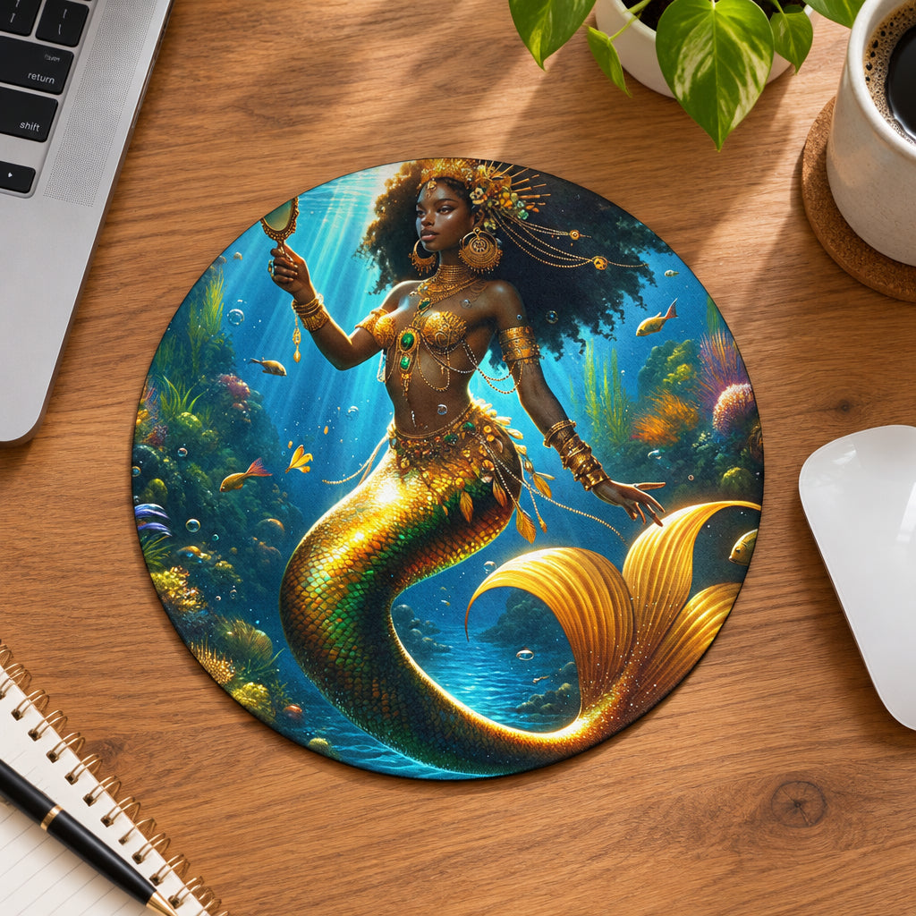 Mermaid with gold tail and jewelry in an underwater scene