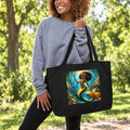 Woman holding a black Wata Mumma tote bag with a mermaid design on a white background