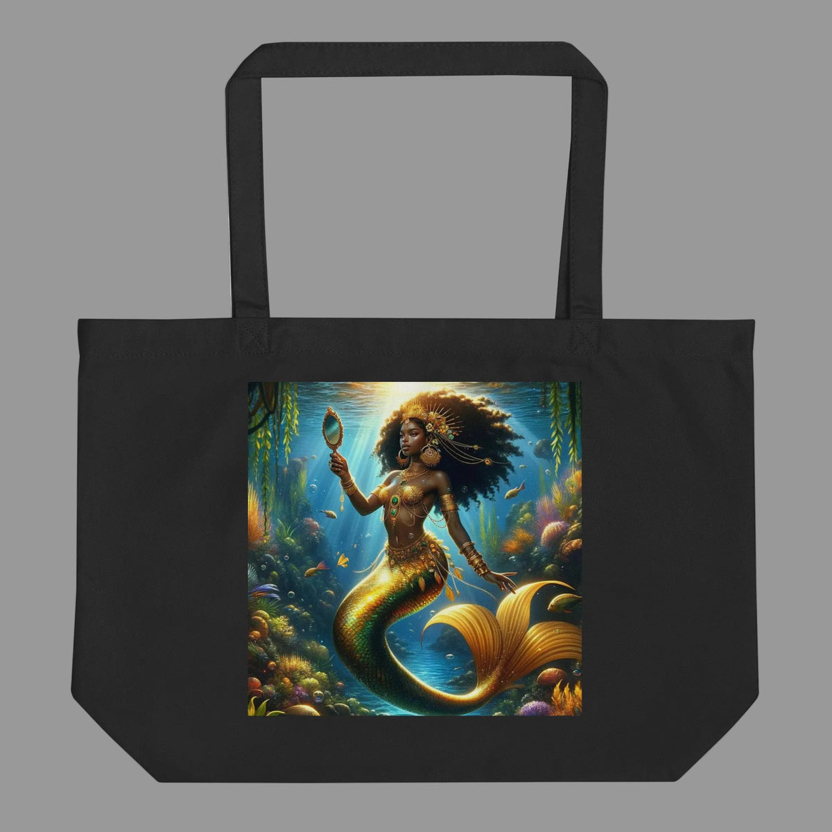 Black tote bag with a mermaid design on a white background