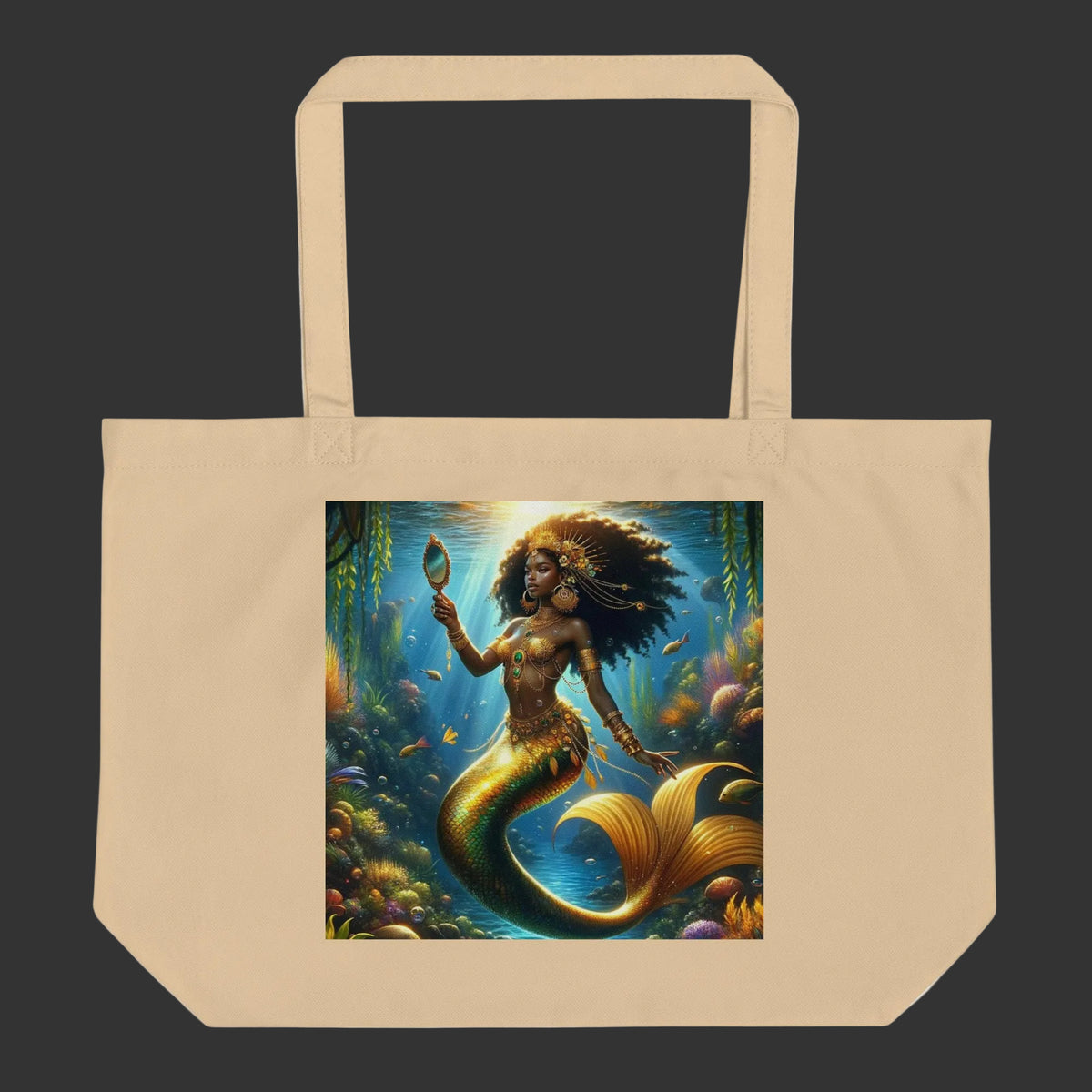 Beige tote bag with a mermaid design on a white background