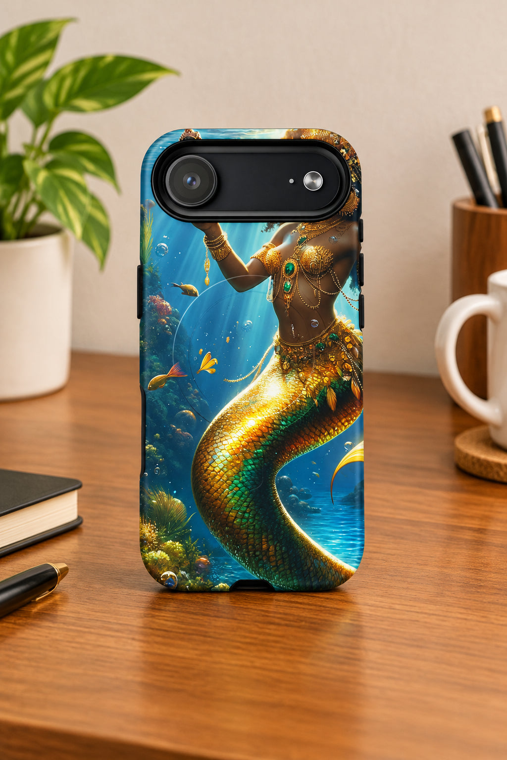 Wata Mumma Phone case with a mermaid design underwater on a white background