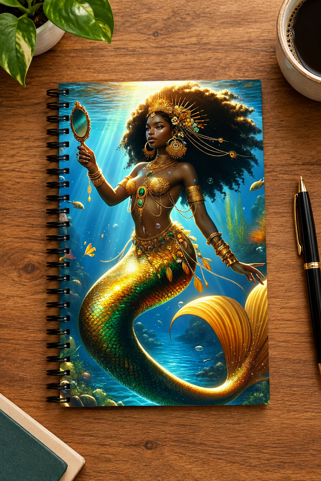 Notebook with a mermaid design on the cover, featuring gold and blue colors.