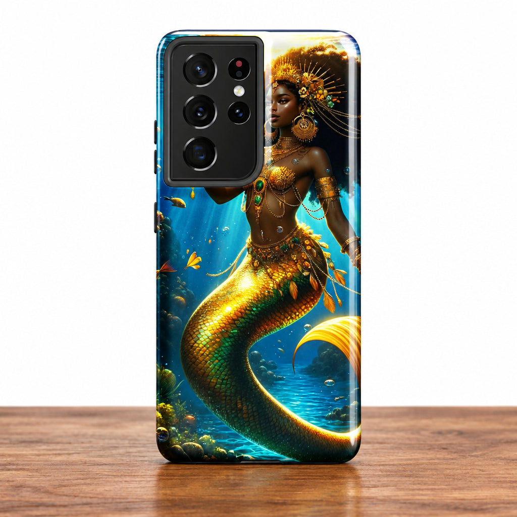 Phone case with a mermaid design on a white background
