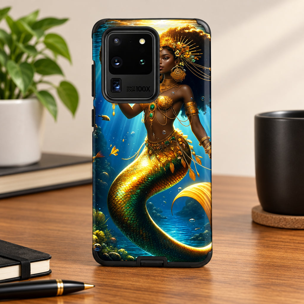 Phone case with a mermaid design on a white background
