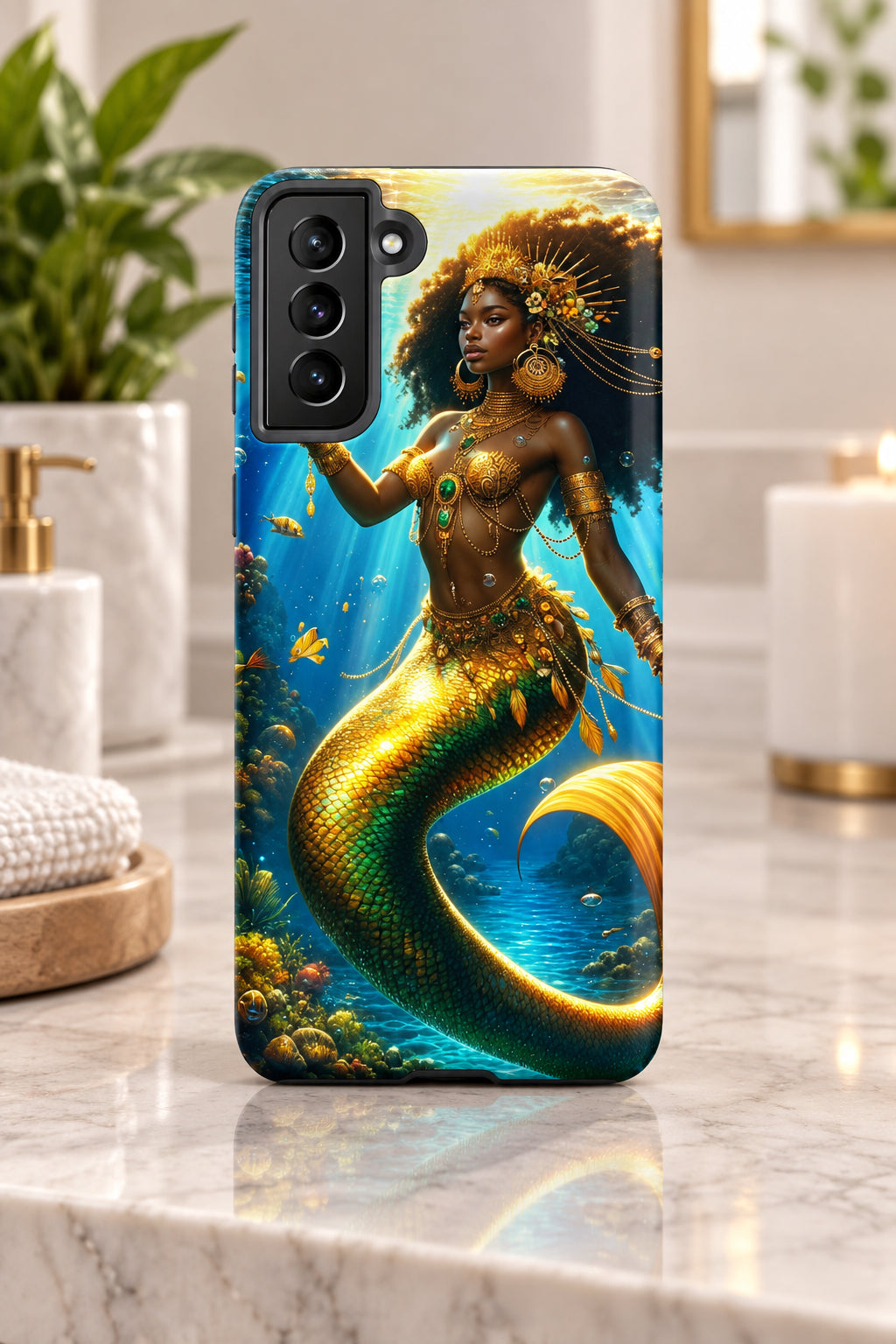 Phone case with a mermaid design on a white background