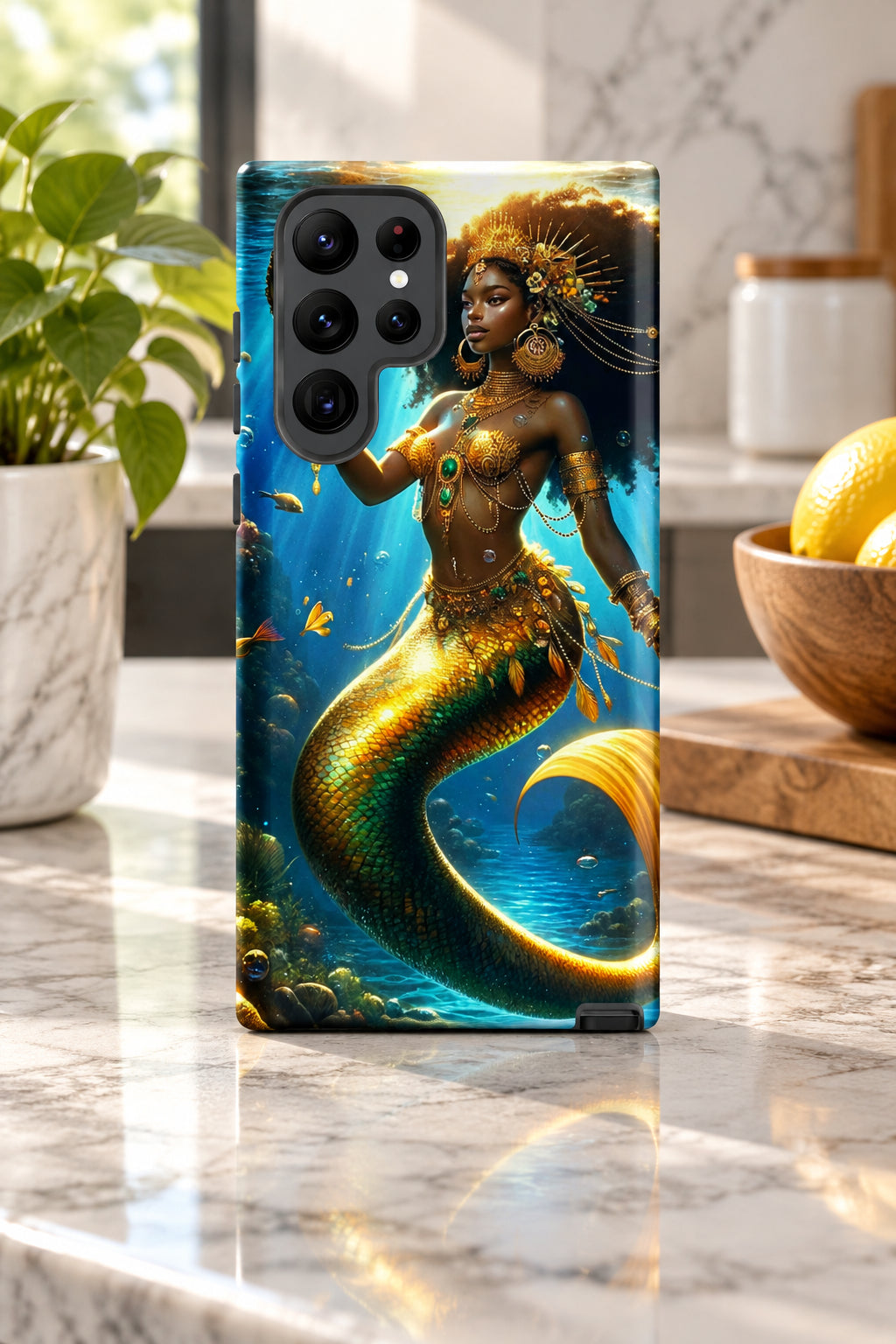 Phone case with a mermaid design on a white background