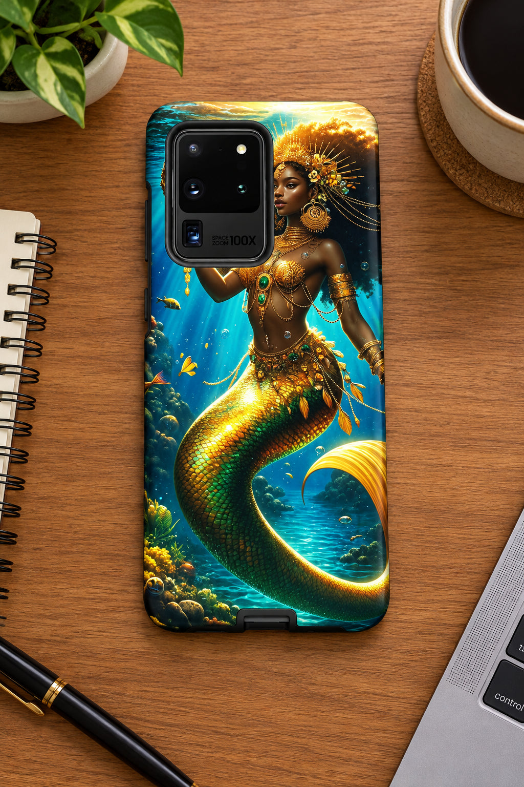 Phone case with a mermaid design on a white background