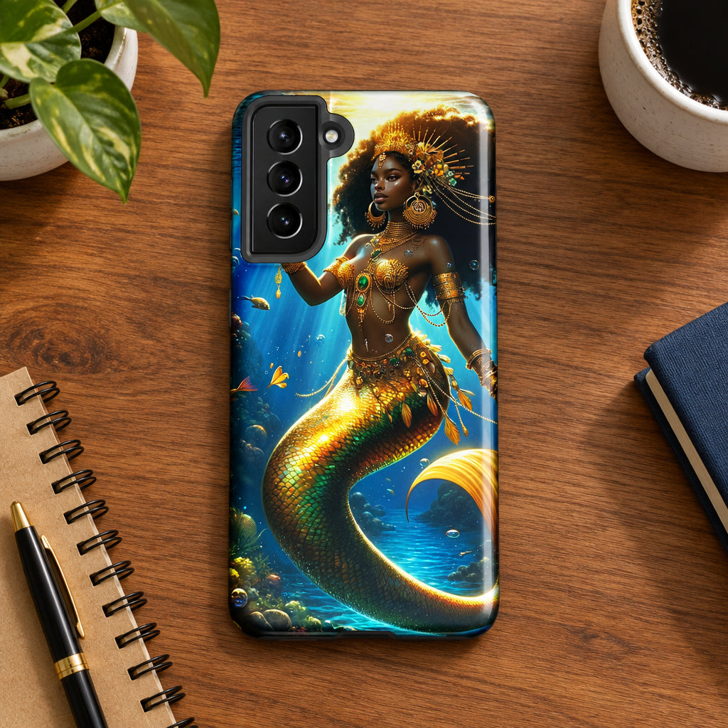 Phone case with a mermaid design on a white background