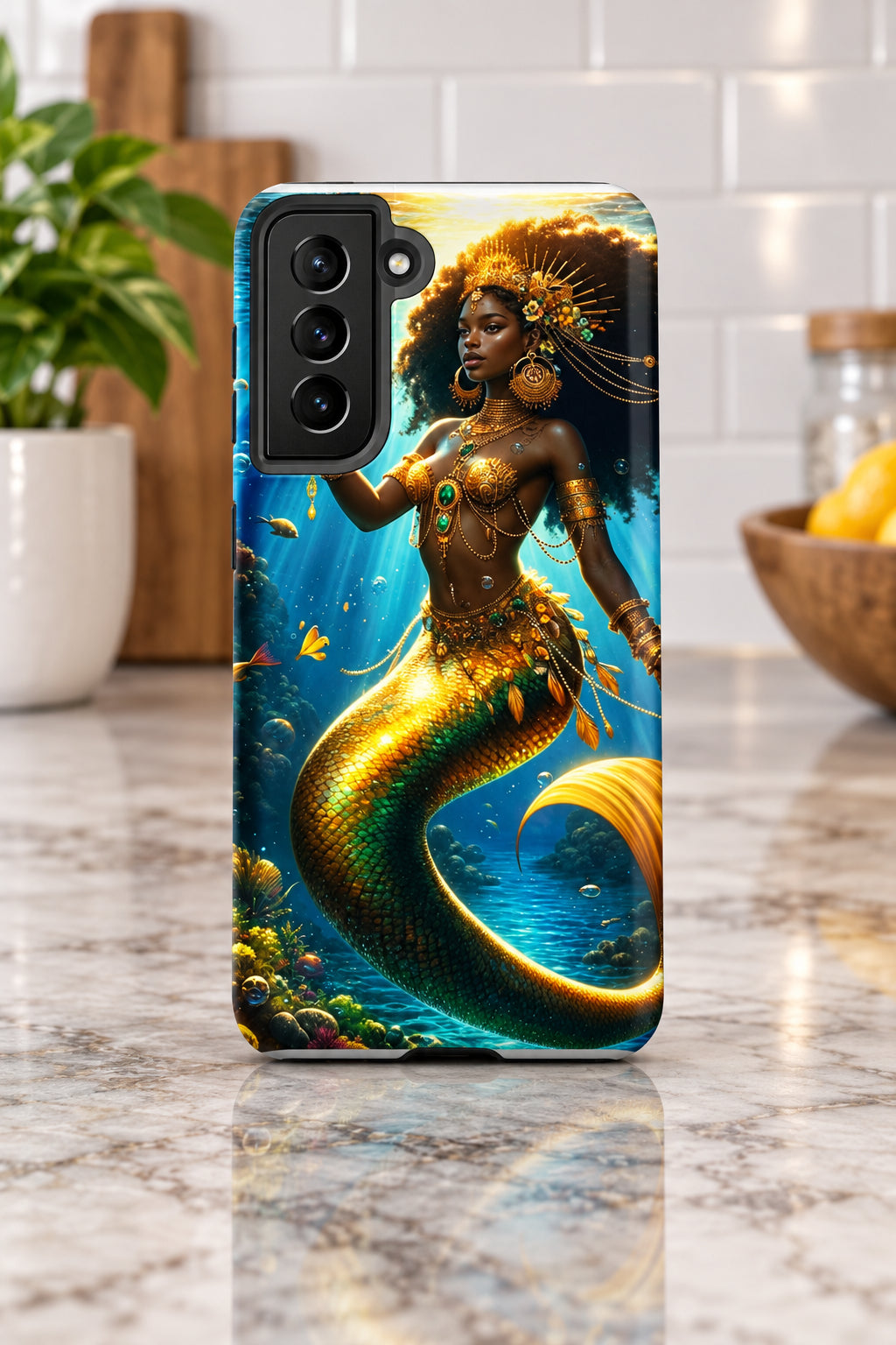 Phone case with a mermaid design on a white background