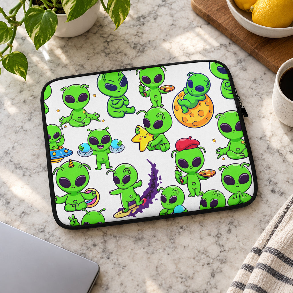 Laptop sleeve with green alien pattern on a white background