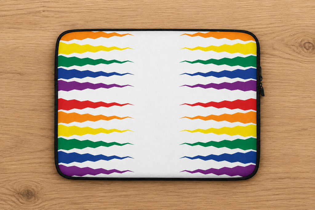 Laptop sleeve with rainbow wave pattern on a white background