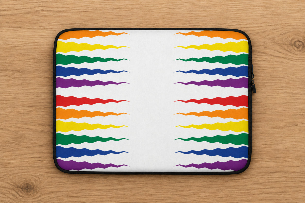 Laptop sleeve with rainbow wave pattern on a white background