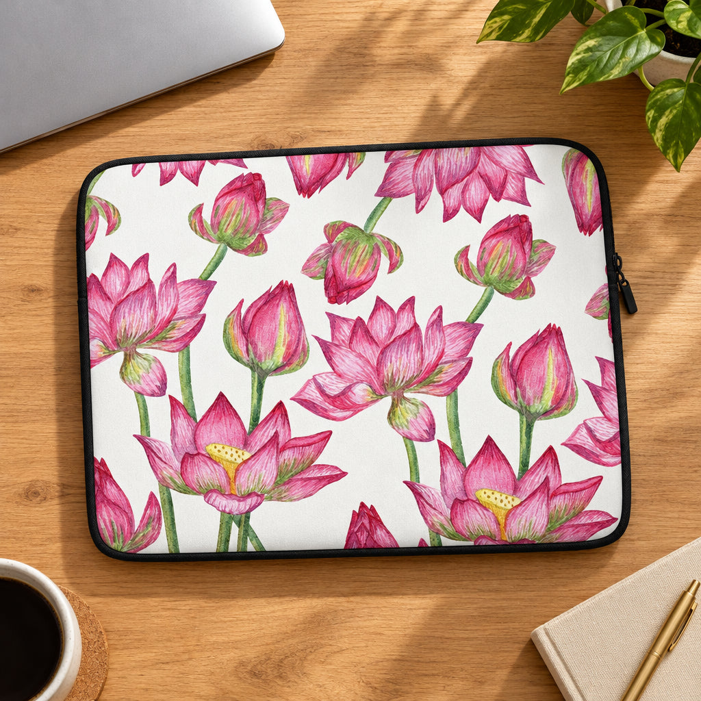 Laptop sleeve with pink lotus flower pattern on a white background