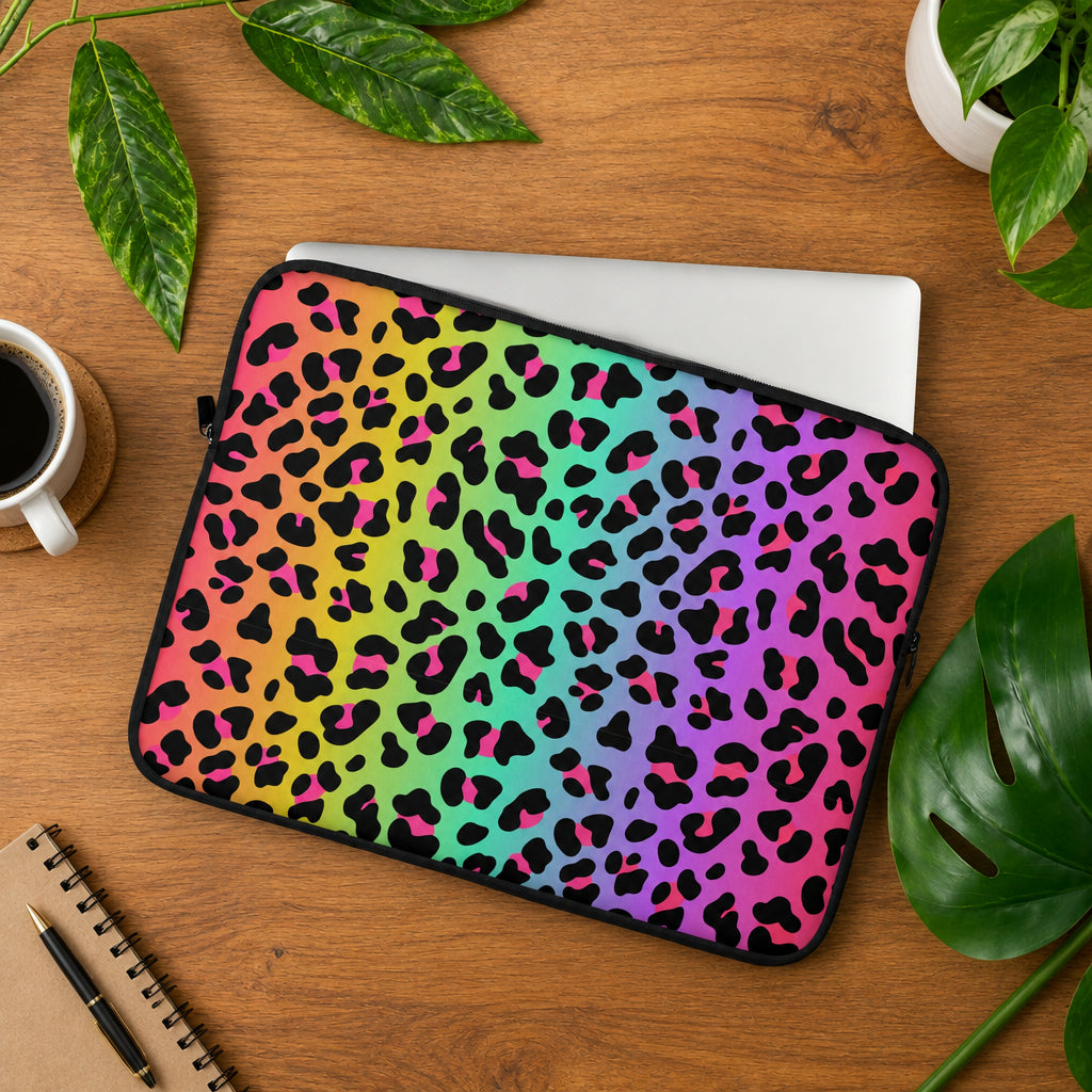 Colorful leopard print pouch on a light gray surface with green leaves.