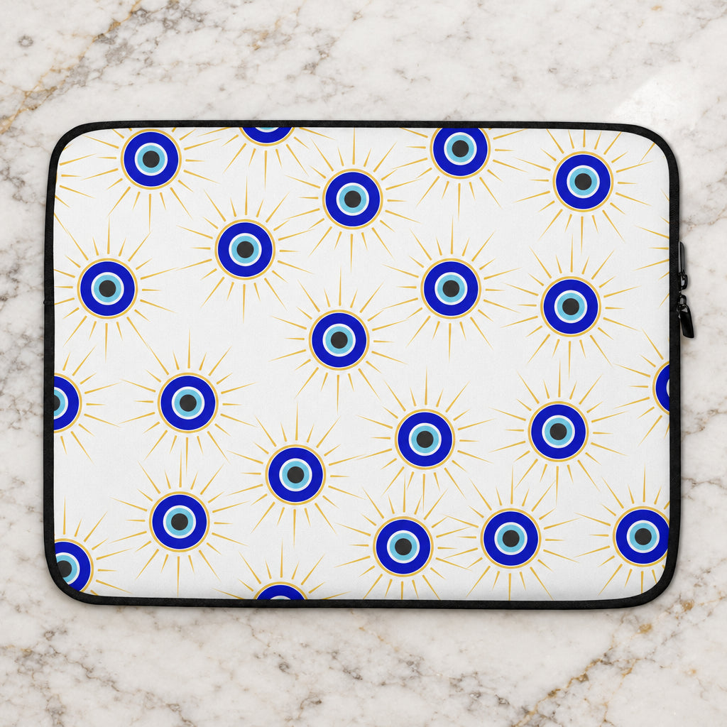 Laptop sleeve with blue eye pattern on a white background