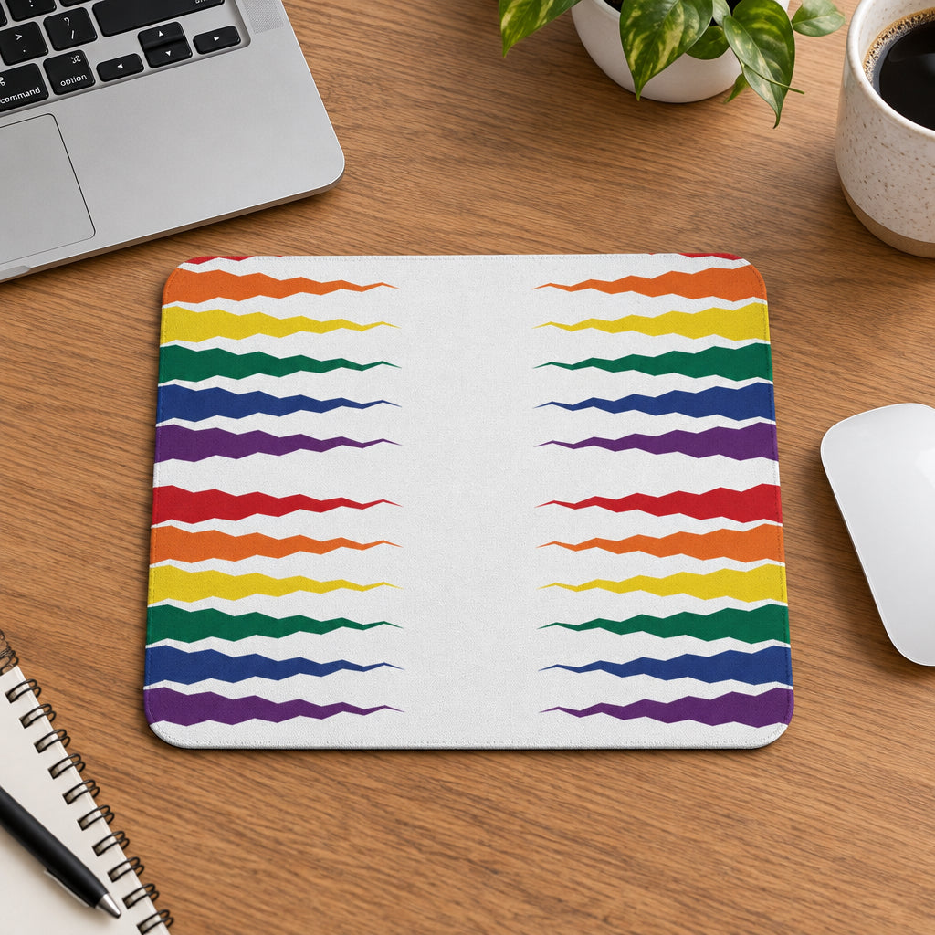 Mouse pad with rainbow wave pattern on a white background