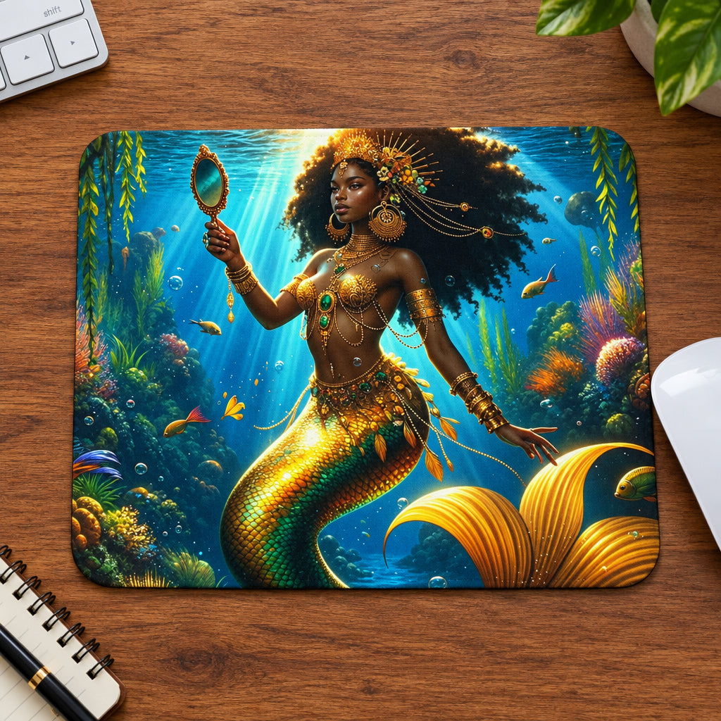 Mermaid in an underwater scene holding a mirror, surrounded by colorful fish and plants.