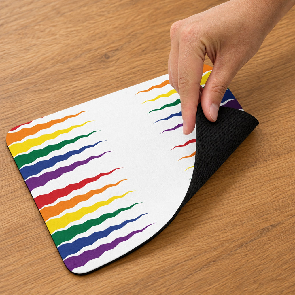 Mouse pad with rainbow wave pattern on a white background