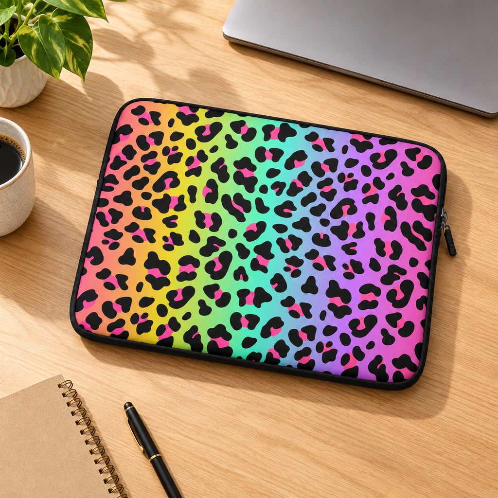 Multicolored leopard print laptop sleeve on a white background