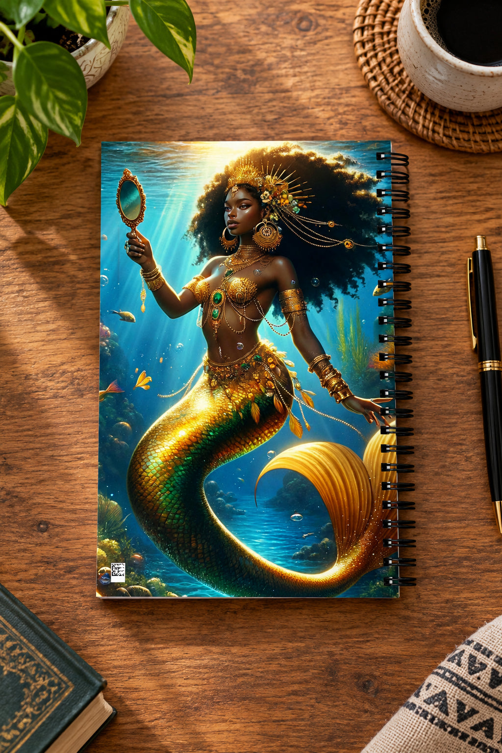 Notebook cover with an illustration of a mermaid holding a mirror underwater.